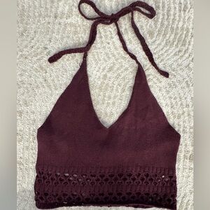 La Hearts Burgundy Halter Knit Cropped Top